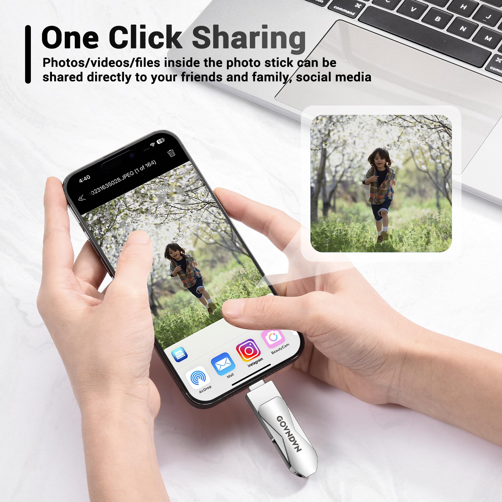 GOVNDVN 256GB Photo Stick for iPhone 15, iPad, Android, MacBook - USB C & USB 3.0 - Silver Photo Storage & Backup Flash Drive